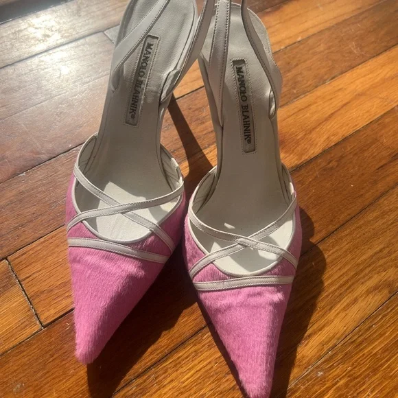 Manolo Blahnik Pink Pony Hair Slingback Heels Size 37 Kitten Heel - Picture 7 of 16